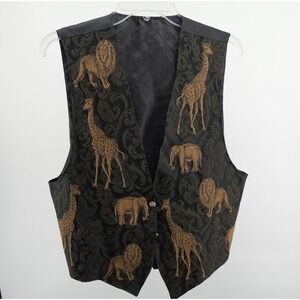 Vintage Safari Tapestry Vest Black Gold Giraffe Elephant Lion Brocade Sleeveless